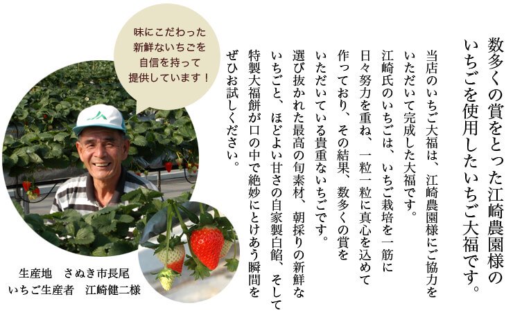 数多く賞をとった江崎農園様のいちごを使用したいちご大福です。