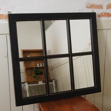 アンティーク調 木製窓枠 鏡 壁掛けミラー シャビー ブラック 6枠 黒艶消し