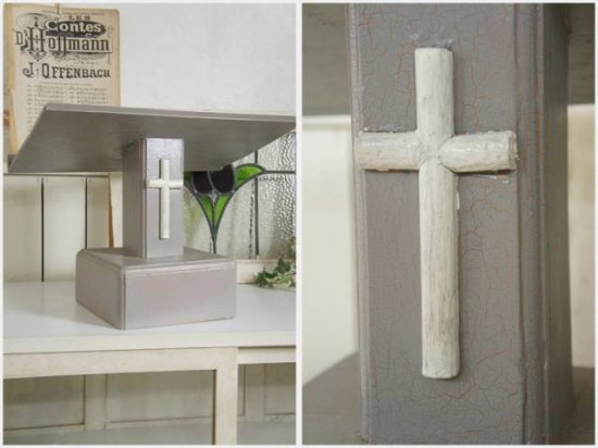 アンティーク調 キリスト教会 教壇 聖書置き台 メニュー台 十字架 グレー