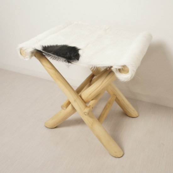 アンティーク調 ホールディングチェア 毛皮張 チーク ハラコ 折畳椅子 白黒MIX