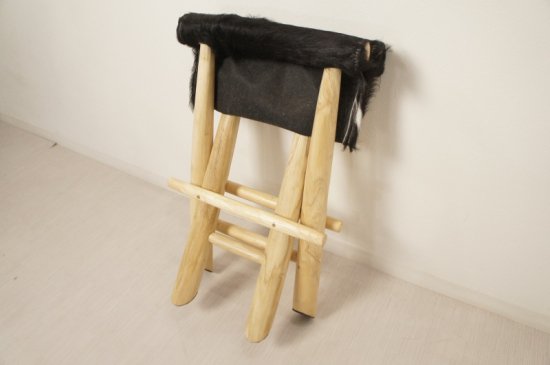 アンティーク調 ホールディングチェア 毛皮張 チーク ハラコ 折畳椅子 黒白MIX