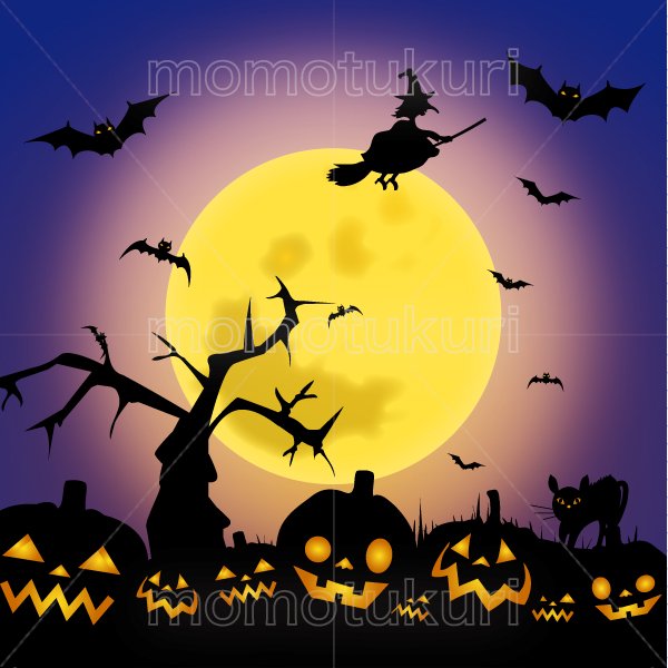 99円から390円素材sozai ハロウィン背景イラスト かぼちゃ 館 こうもり 満月 枯れ木 紫 2