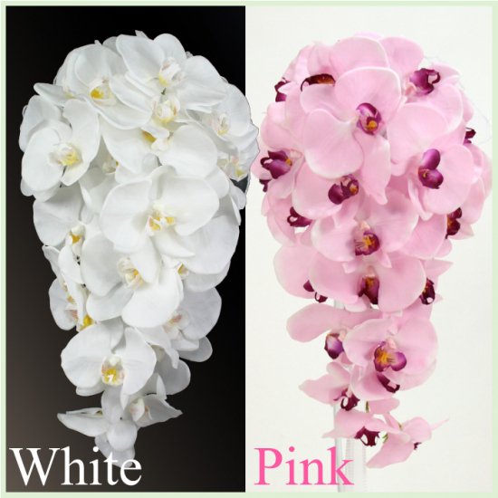 胡蝶蘭 キャスケード ブーケ 造花 結婚式 ウェディング 白 ピンク シルクフラワー Flowershop R M