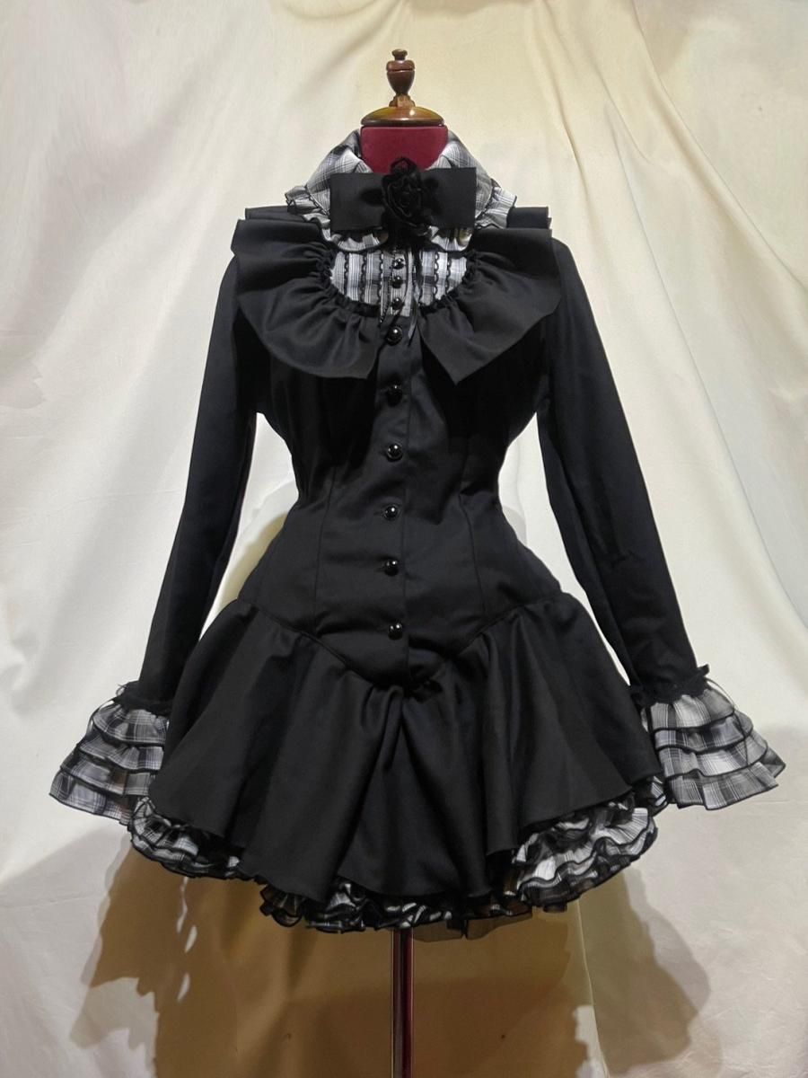 受注商品 ロマンティックタイ付き総フリルガーリーワンピース グレーチェック 黒 Marble Online Shop