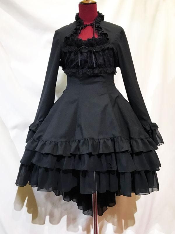 総フリルフェミニンドレスワンピース 黒 黒ドットフリル 黒花柄レース Marble Online Shop