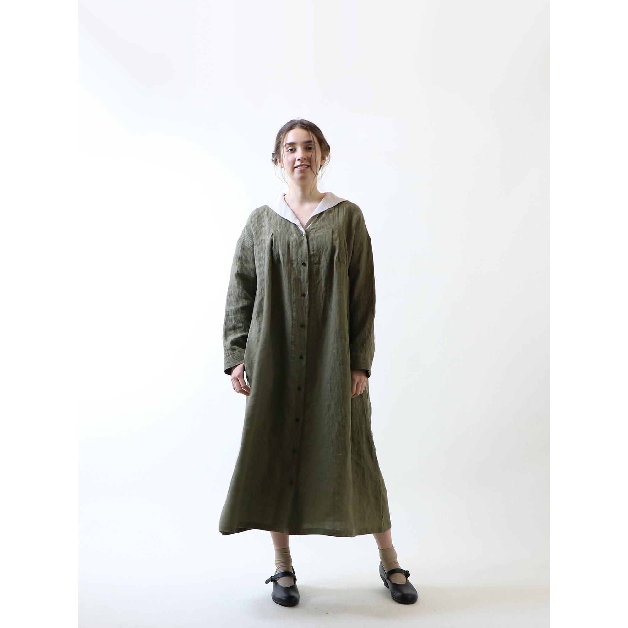 Magali オーバーダイリネン セーラー襟ワンピース Khaki Stripe ワンピース Paper Birds ペーパーバーズ レディース アパレル オンラインショップ