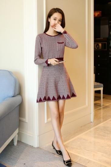 ワインカラー かわいいフレアニットワンピース 長袖ワンピース ミニワンピース 膝丈ワンピース レディース 大きいサイズ 秋冬 Onlythebest オンリーザベスト プチプラドレス 格安韓国ドレス オルチャンドレス専門店 今なら 送料無料 キャンペーン中