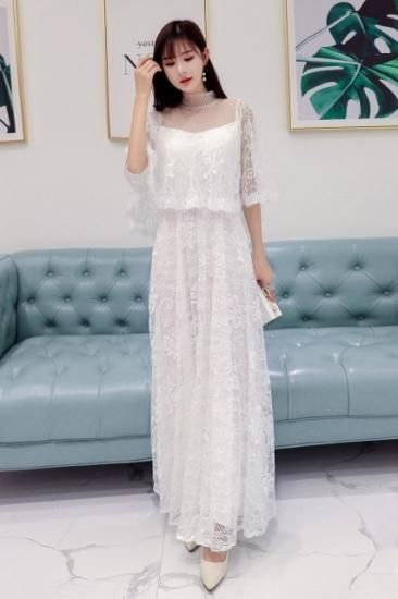 レース地5分袖ミモレ丈クラシカルワンピース ホワイト 結婚式 ドレス お呼ばれ ワンピース 代 30代 40代 ワンピースドレス マキシ丈 Onlythebest オンリーザベスト プチプラドレス 格安韓国ドレス オルチャンドレス専門店 今なら 送料無料 キャンペーン中