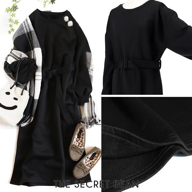 裏起毛ベルト付きネオプレーン調ワンピース ブラック The Secret Bean