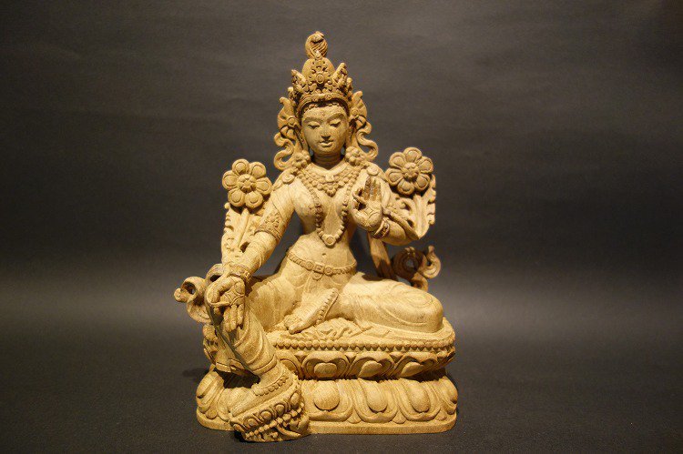 【仏像】緑多羅菩薩（グリーンターラ）木彫り 仏像 22cm【送料無料】