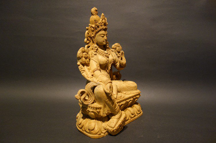 【仏像】緑多羅菩薩（グリーンターラ）木彫り 仏像22cm【送料無料】