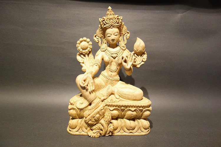【仏像】緑多羅菩薩（グリーンターラ）木彫り 仏像 26cm【送料無料】