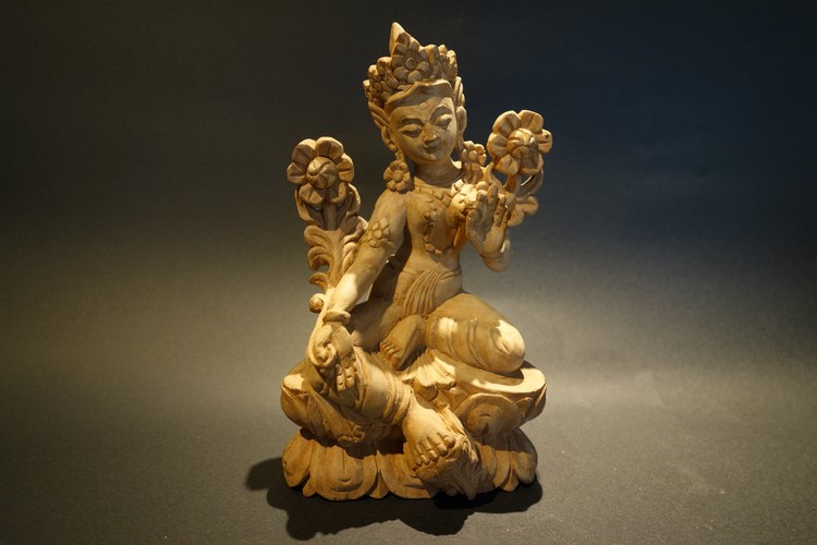 【仏像】緑多羅菩薩（グリーンターラ）木彫り 仏像 15cm【送料無料】