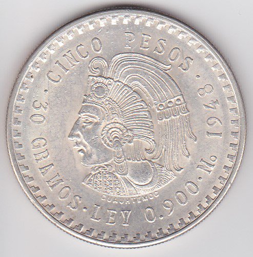 メキシコ5ペソ銀貨 クアウテモック王 1948年 EF/極美品 - ワタナベコイン ネットショップ