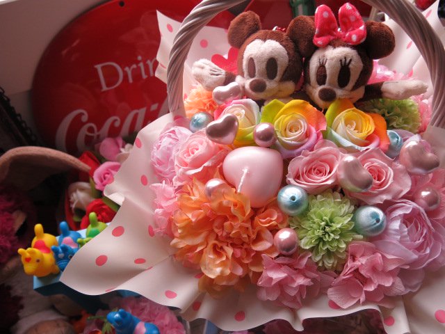 誕生日プレゼント ディズニー フラワーギフト ショコラカラー ミッキー ミニー プリザーブドフラワー レインボーローズ入り キャンディーカラー