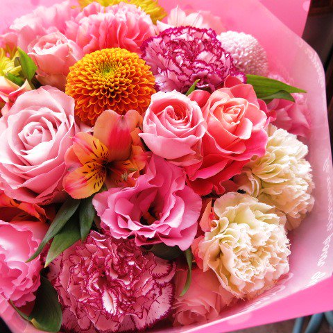 送別会 花束 送別用 花 季節のお花がいっぱい 可愛いブーケ風花束