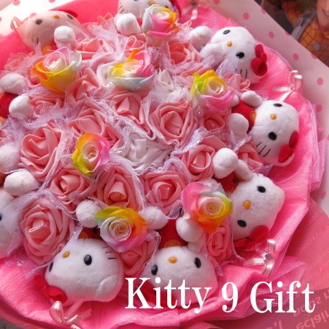 誕生日プレゼント キティ 花束 フラワーギフト どこから見ても キティいっぱいの花束 レインボーローズ プリザーブドフラワー入り