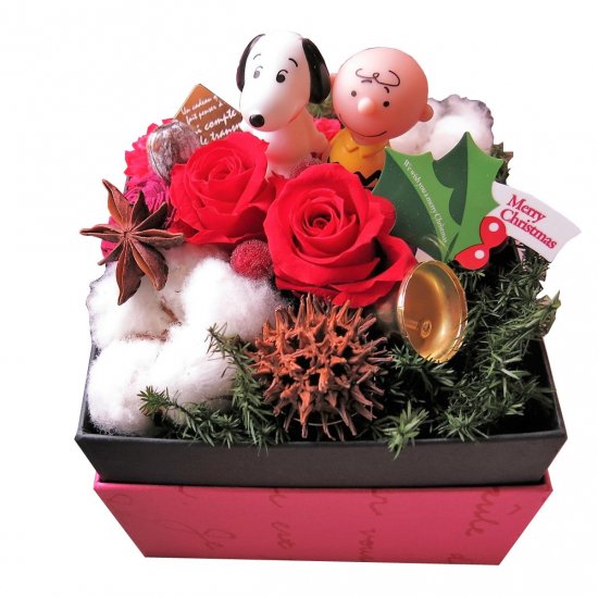 クリスマスプレゼント 花 スヌーピー入り フラワーギフト 花 箱を開けるとスマイルプレゼント プリザーブドフラワー スヌーピー スヌーピーキャラクター の種類はおまかせ