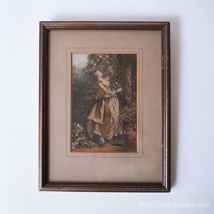 咲き乱れる薔薇の園の乙女/Antique BAXTER Print with Frame by J