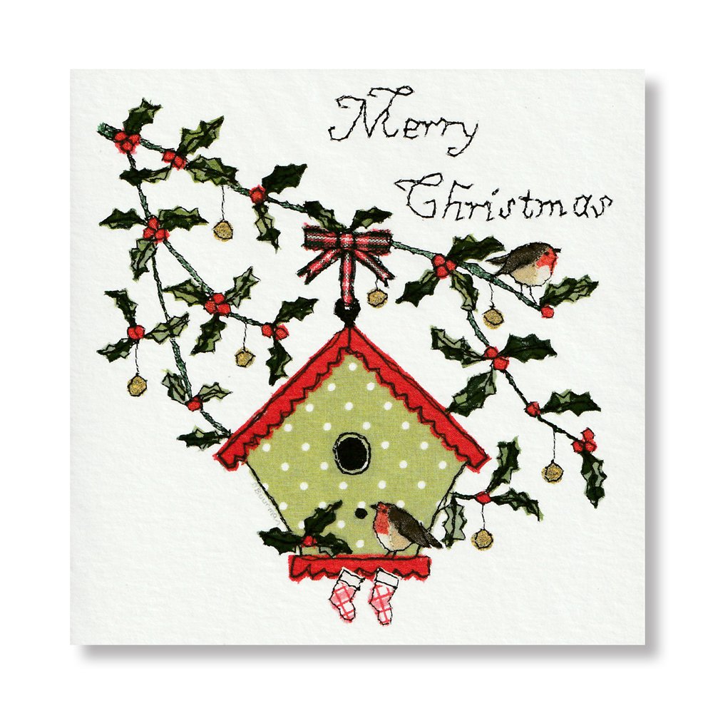 グリーティングカード クリスマス バードハウス 刺繍柄 ラインストーン付き ハンドメイド 英国製