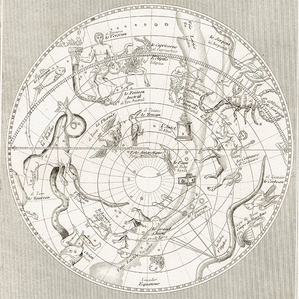 アンティーク、天文、天体、星座早見盤、手彩色銅版画、1723年 