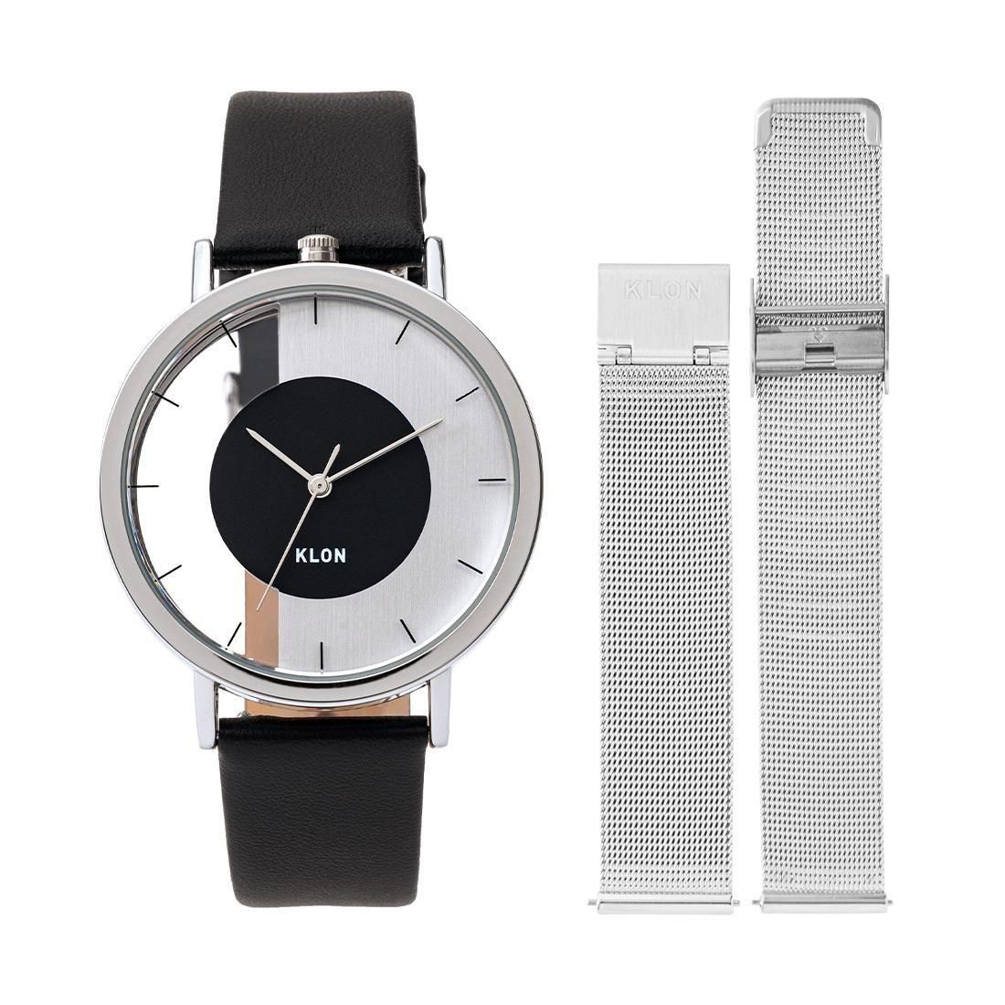 KLON INVISIBLE OVERLAPPING CIRCLE SHAPES BLACK -SILVER MESH STRAP SET- 38mm