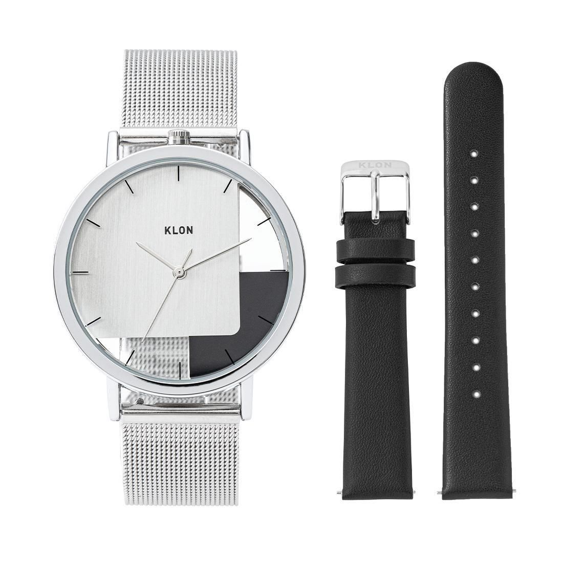 KLON INVISIBLE OVERLAPPING TILES SILVER -BLACK LEATHER STRAP SET- 38mm