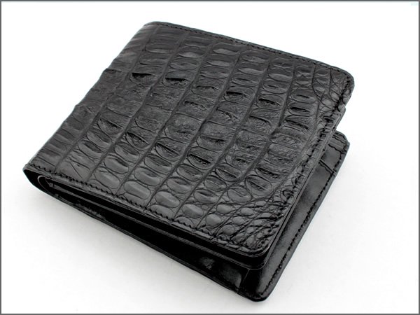 二つ折り財布 カイマンクロコ/黒イタリアンレザー仕様