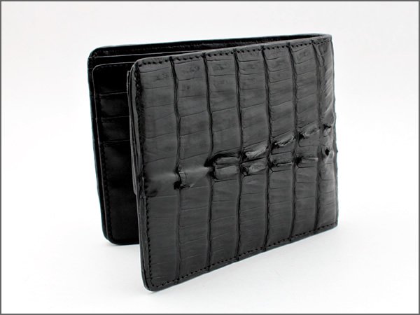 二つ折り財布 カイマンクロコ/黒イタリアンレザー仕様