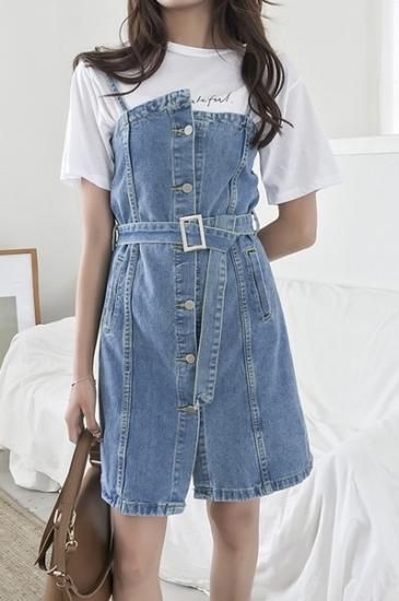 ワンピース デニムの吊りワンピ お手頃価格でお得です 韓国セレクトショップ通販レディースmarron マロン