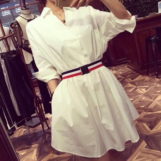 シャツワンピ フランス柄のベルトがワンポイントなシャツワンピース 韓国セレクトショップ通販レディースmarron マロン