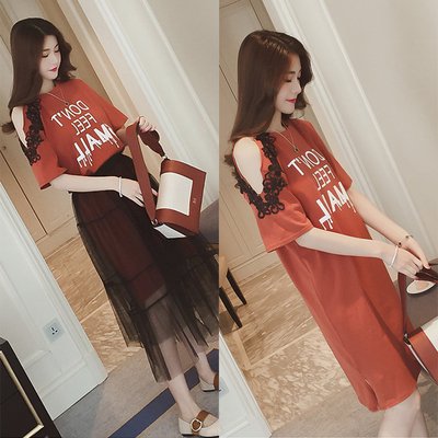 ワンピース 肩チラ見せのロングtシャツワンピにシースルーなチュールスカートが付いた個性的な可愛いセットワンピ 韓国 セレクトショップ通販レディースmarron マロン