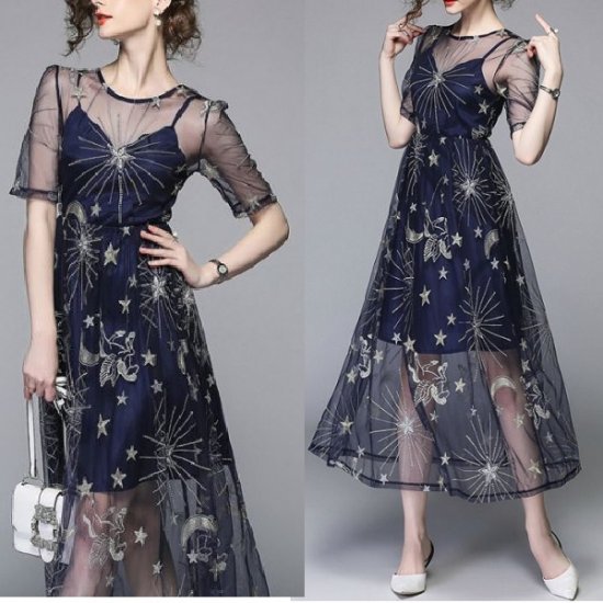 ワンピース 星柄のスパンコールが素敵なシースルーなお呼ばれ韓国ドレス 韓国 ワンピース ドレス 通販レディースmarron マロン