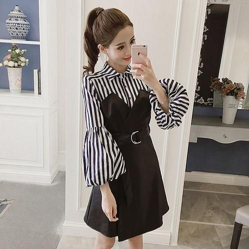 ワンピース レザーワンピとストライプトップスがとっても素敵なワンピース 韓国 ワンピース ドレス 通販レディースmarron マロン