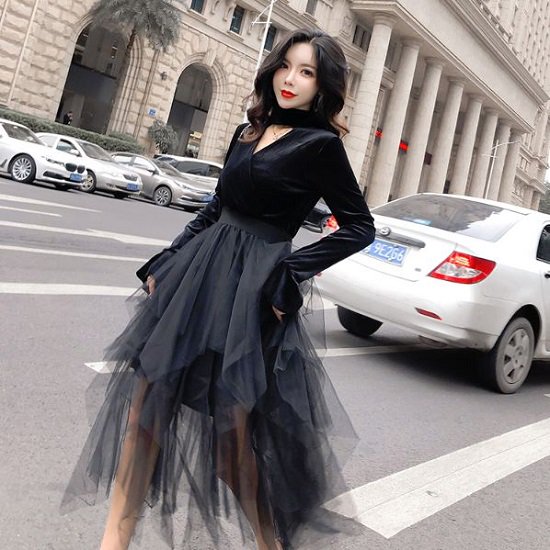 韓国ワンピース 可愛いティアードチュールスカートが個性的なミモレフレアワンピ 韓国 ワンピース ドレス 通販レディースmarron マロン