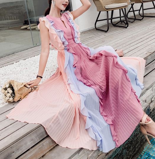 韓国ワンピース 韓国ドレス ピンクフリルプリーツが幻想的な個性的ロングワンピース 韓国 ワンピース ドレス 通販レディースmarron マロン