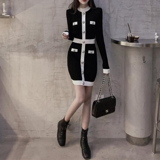 ワンピース シルバーボタンがアクセントの可愛いタイトワンピース 韓国 ワンピース ドレス 通販レディースmarron マロン