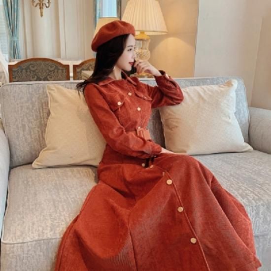 ワンピース 秋冬のマストアイテム コーデュロイ素材の可愛いシャツワンピース 韓国 ワンピース ドレス 通販レディースmarron マロン