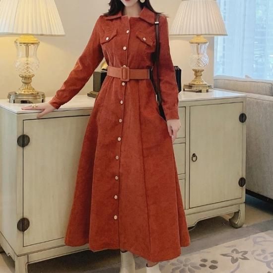 ワンピース 秋冬のマストアイテム コーデュロイ素材の可愛いシャツワンピース 韓国 ワンピース ドレス 通販レディースmarron マロン