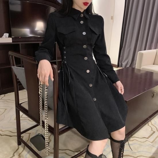 ワンピース フロントボタンデザインがレトロな雰囲気の可愛いワンピース 韓国 ワンピース ドレス 通販レディースmarron マロン