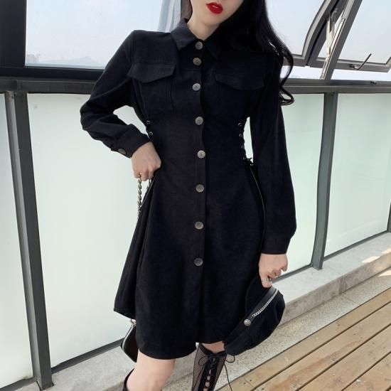 ワンピース フロントボタンデザインがレトロな雰囲気の可愛いワンピース 韓国 ワンピース ドレス 通販レディースmarron マロン