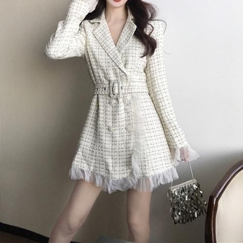 ワンピース チラ見えするチュールが可愛いツイードワンピース 韓国 ワンピース ドレス 通販レディースmarron マロン