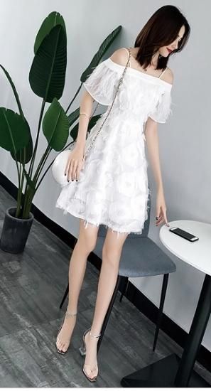 韓国 ワンピース ドレス 激安 総レースパーティードレス 春服 ワンピース 膝丈ワンピース オフショル 白ワンピース Jm5047 ワンピの里