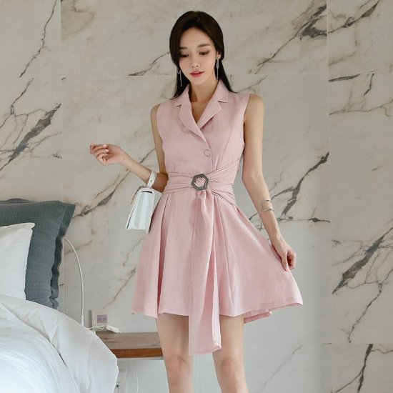 ミニワンピース リゾート レディース 大きいサイズ パーティードレス ピンク ノースリーブ ワンピース ドレス シングルブレスト 韓国 ファッション 夏 Ta7122 ワンピの里