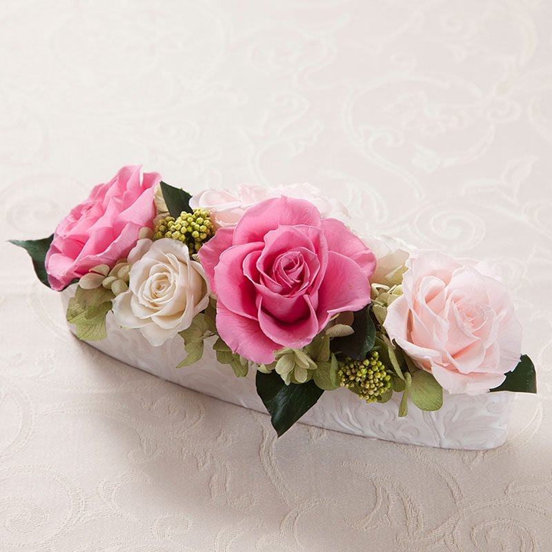 フラワーアレンジメント　テーブル装飾　受付　ロビー　造花　くすみピンク　薔薇