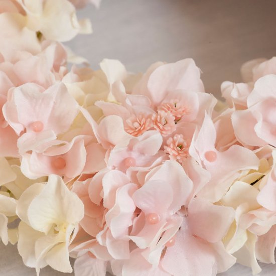 可愛いピンクのアジサイの高級造花のフラワーリース カントリーマム オンラインショップ 相澤紀子 プリザーブドフラワー アーティフィシャルフラワーの通販
