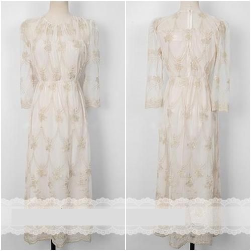 ドレス シースルーワンピース ヴィンテージ感 エンブロイダリーレース 7分袖 ロング丈 優しげ 透け感 ノスタルジック 結婚式 二次会 お呼ばれ