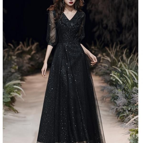 ドレス Aライン ロングドレス 星柄 スパンコール Vネック 大人 透け感 ハイウェスト 5分袖 大人 エレガント ワンピース ロング丈 結婚式 二次会 お呼ばれ パーティー 6 000円以上お買い上げで送料無料 マノンデザイン