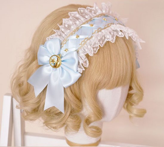 ロリータ 三日月と星 ヘッドドレス サックスブルー ヘアアクセサリー 姫ロリ レース リボン 甘ロリ かわいい ロリータ小物 ポスト投函対応 Loli1837 ロリータゴスロリ専門通販ショップluxury ラグジュアリー 安い価格で可愛い ロリータワンピースを取り揃えています