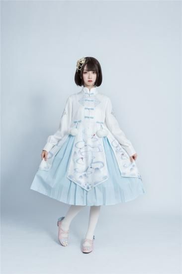 ロリータ 鶴 デザイン ノースリーブワンピース 長袖ブラウス セット 華ロリ 膝丈ワンピース ポンポン ファー パール フレア ホワイト ロリータゴスロリ専門通販ショップluxury ラグジュアリー 安い価格で可愛いロリータワンピースを取り揃えています